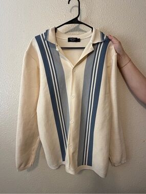 Boohoo Mens Cream Knit Polo with Blue Stripe Detail